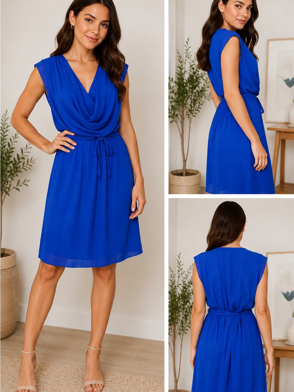 Express Cobalt Blue Cowl Neck Dress | Size Large | Tie Waist